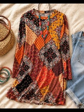 Rebel Sugar Boho Patchwork Tunic Dress L
